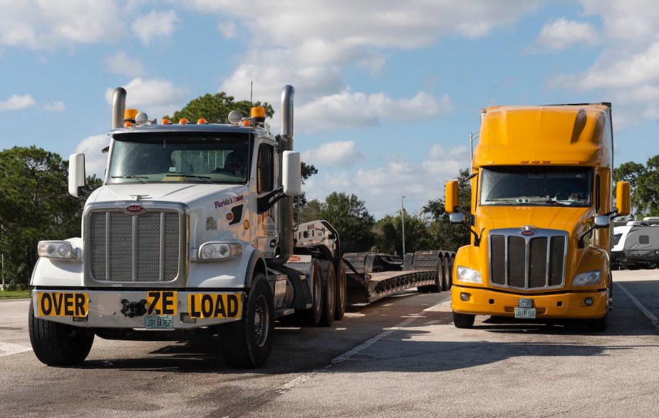 Two Florida semi-trucks parked at a truck stop.