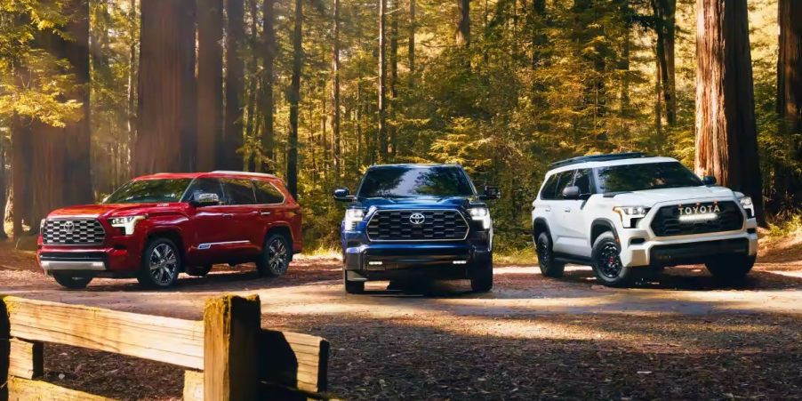 Three Toyota Sequoia full-size SUVs are parked outdoors.