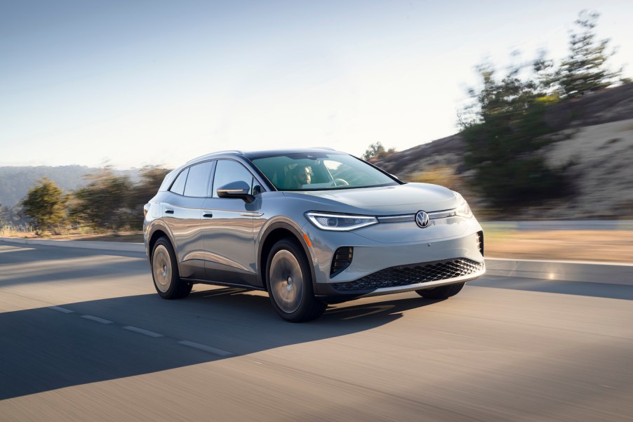 A silver 2023 Volkswagen ID.4 driving down the road. Volkswagen sales tell a different story depending on which model you look at.