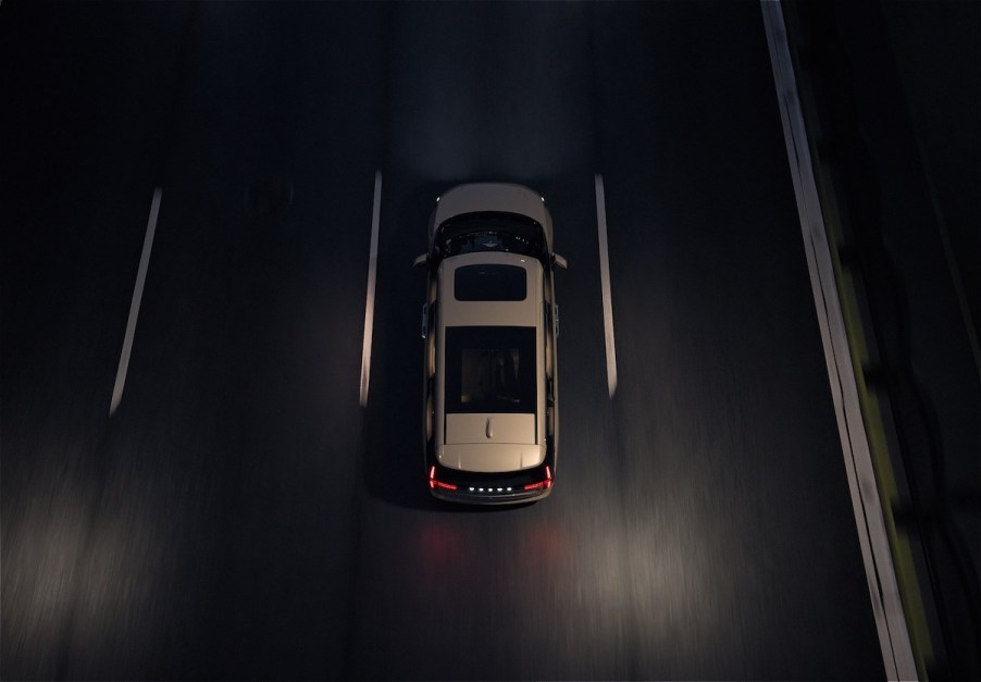 Volvo EM90 teaser image showing a rendered van from a bird's eye view