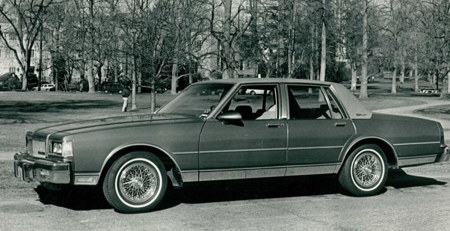 A black and white photo from the 1980s of a Chevy Caprice full-size B-body sedan model