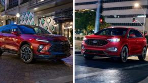 Red paint color options of the Chevy Blazer RS (L) and Ford Edge ST (R) performance trim midsize SUVs