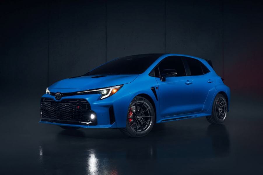 A promotional shot of a 2024 Toyota GR Corolla Circuit Edition performance hatchback model with AWD