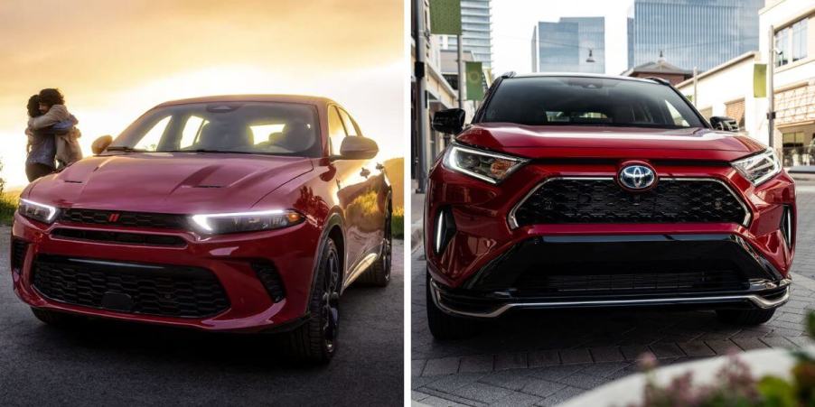 The 2024 Dodge Hornet R/T (L) and 2023 Toyota RAV4 Prime XSE (R) plug-in hybrid compact SUV models