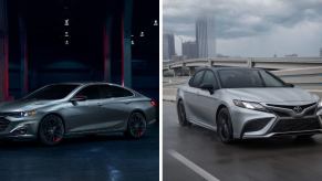 The 2024 Chevy Malibu (L) and 2024 Toyota Camry (R) midsize sedan models