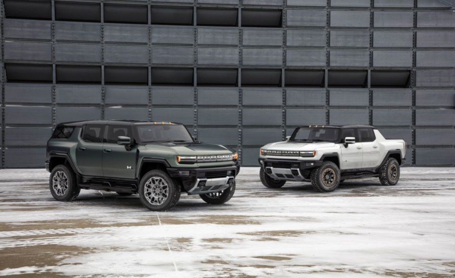 2023 GMC Hummer EV pickup and SUV parked together