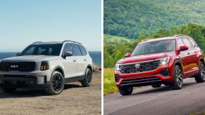 The 2024 Kia Telluride (L) and 2024 Volkswagen Atlas (R) three-row, midsize SUV models