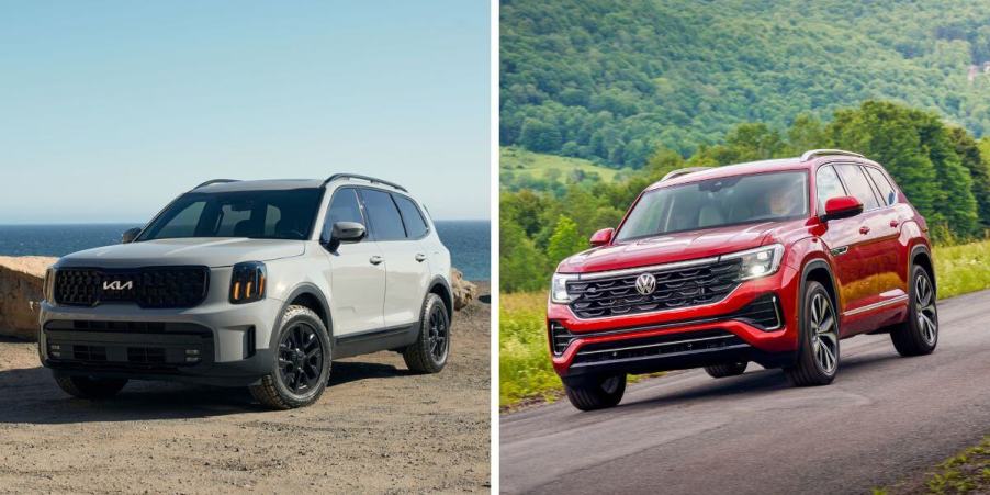 The 2024 Kia Telluride (L) and 2024 Volkswagen Atlas (R) three-row, midsize SUV models