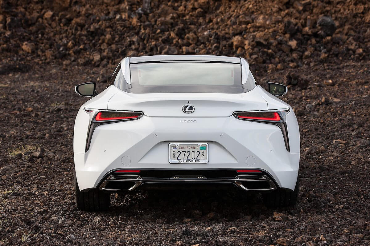 A rear view of a white 2021 Lexus LC 500