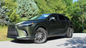 The 2023 Lexus RX 350h parked near foliage