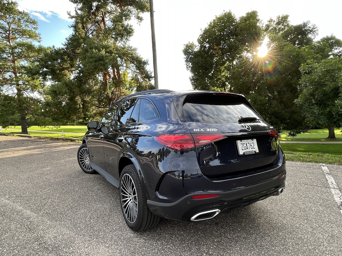 A rear corner view of the 2023 Mercedes-Benz GLC 300 SUV in black