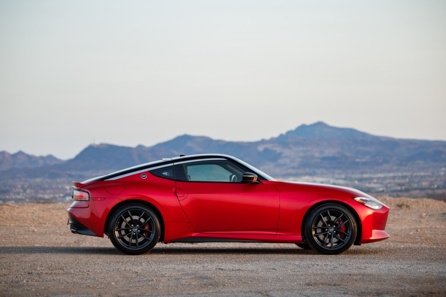 Side profile view of a red 2024 Nissan Z Sports Car, one of the best affordable sports cars currently on the market