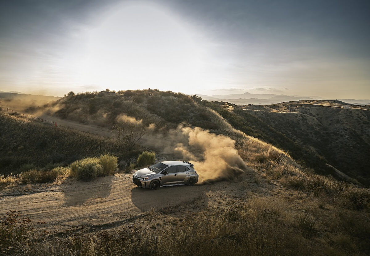 A top view of the 2024 Toyota GR Corolla on a hill