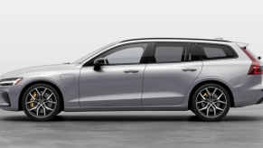 A promotional side profile shot of a 2024 Volvo V60 Recharge Polestar Engineered estate model