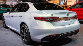 A white Alfa Romeo Giulia at Brussels Expo. Alfa Romeo sales are sliding in the U.S.