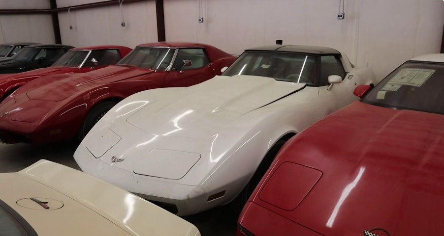 A line of beautiful '70s Corvettes in pristine condition.