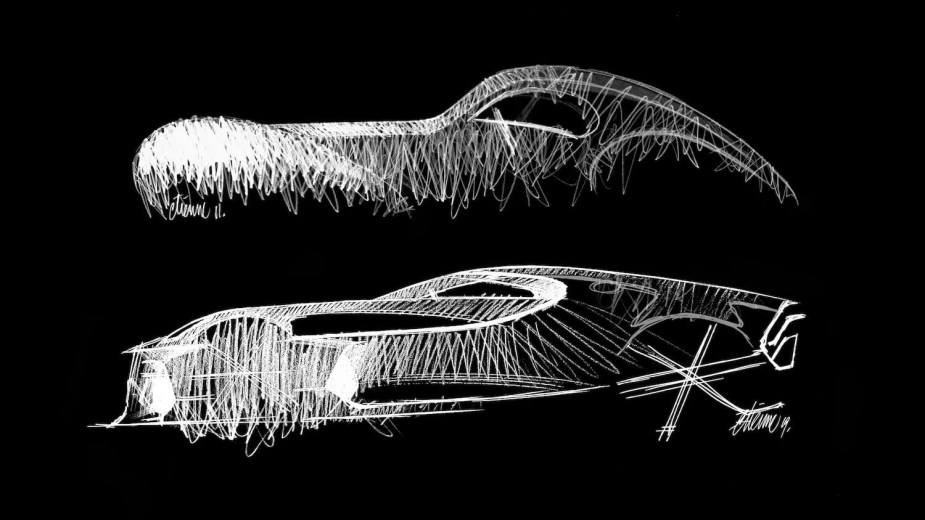 Sketches of both the Bugatti La Voiture Noire Type 57SC Atlantic and Chiron special editions in white pencil on a black background.