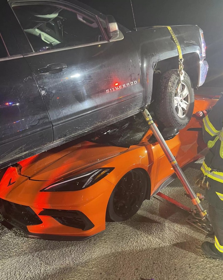 Corvette C8 and Chevy Silverado crash