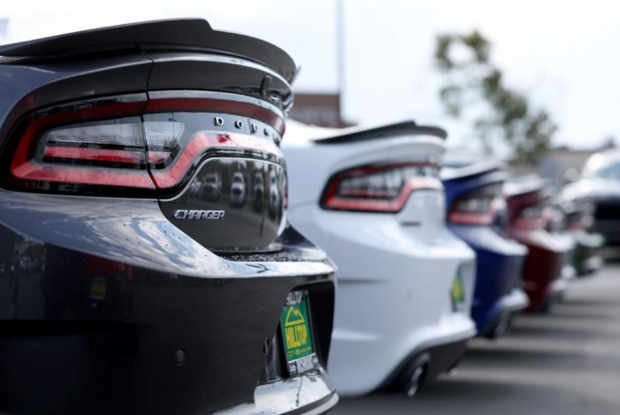 Dodge cars on display at a dealership.