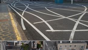 French intersection with crazy lines painted like spaghetti.