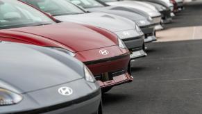 Hyundai electric cars on display at a dealership.