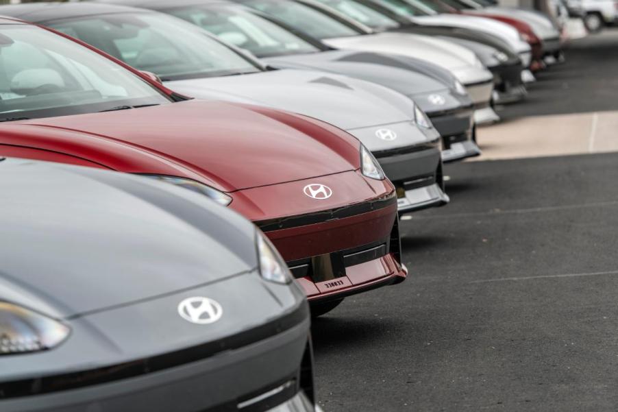 Hyundai electric cars on display at a dealership.