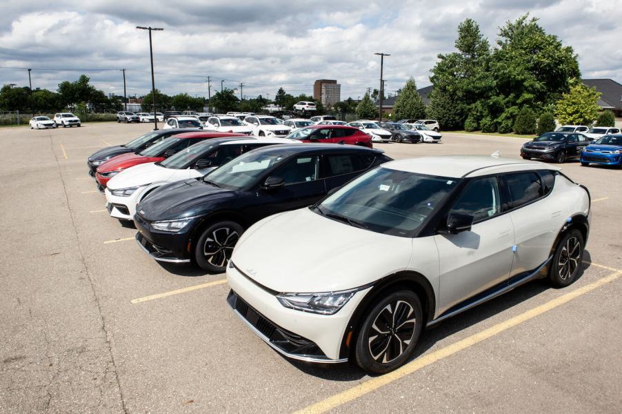 Electric vehicles (EV) for sale at the Lafontaine Kia dealership in Detroit. Indiana car sales are forbidden on one day each week.