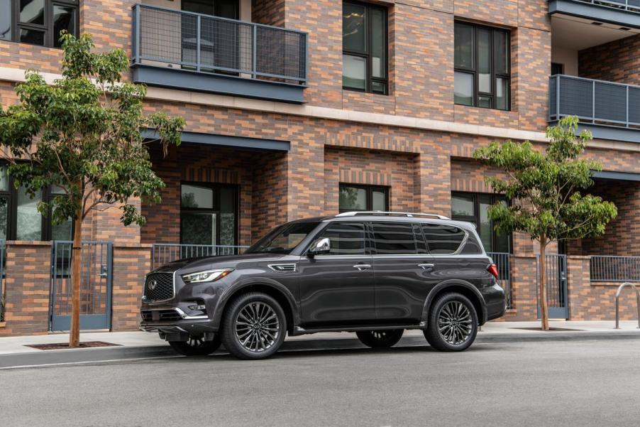 A 2023 Infiniti QX80 parked on a city street.