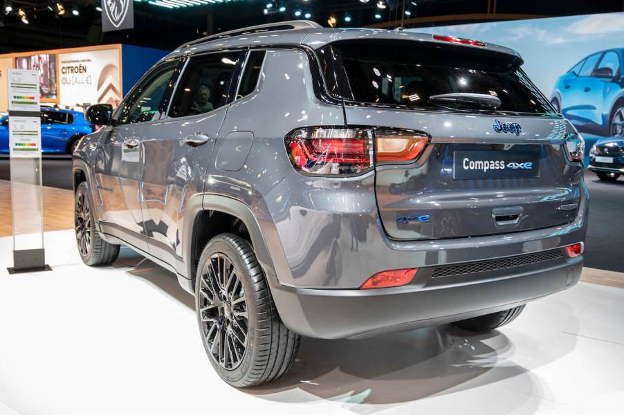 Gray Jeep Compass 4Xe rear at Brussels Expo