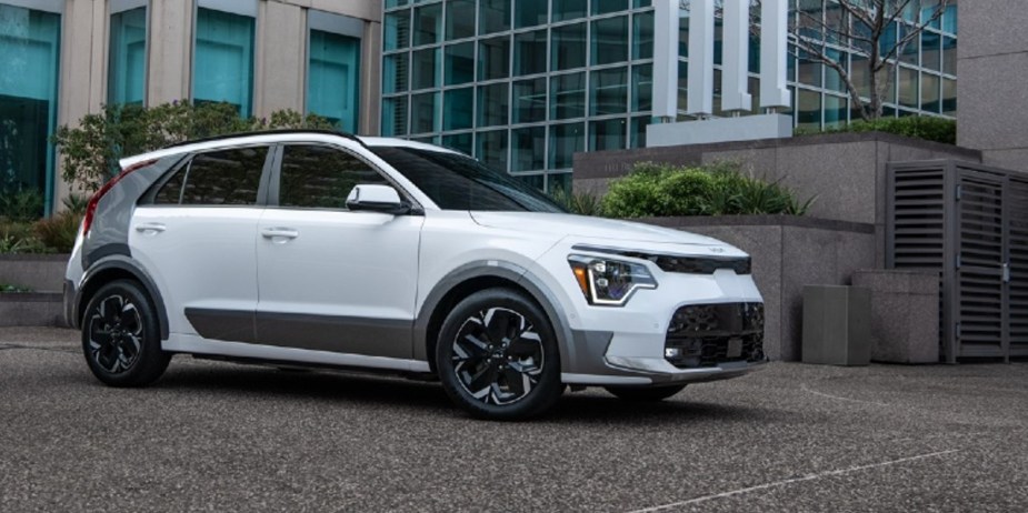 A white 2024 Kia Niro EV is parked. 