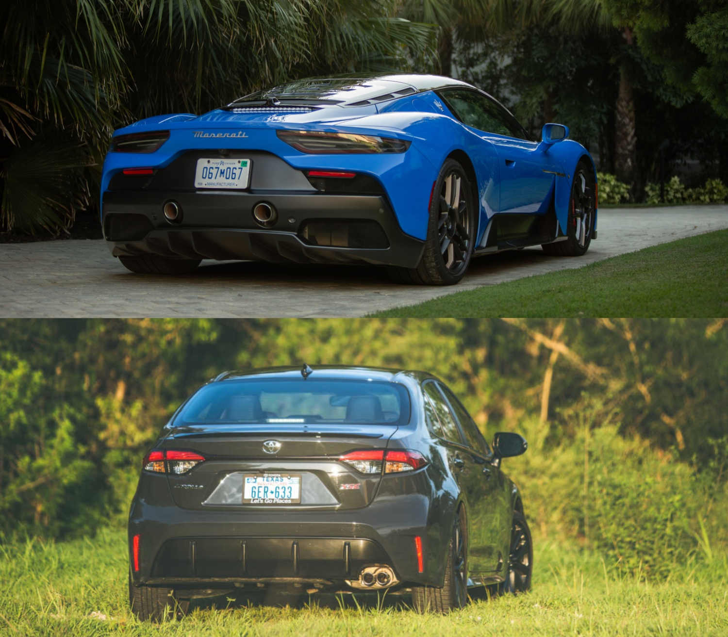 The back of the Maserati MC20 and the Toyota Corolla