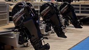 A lineup of Mercury outboard motors at the 83rd annual Chicago Boat, Sports and RV Show in Chicago