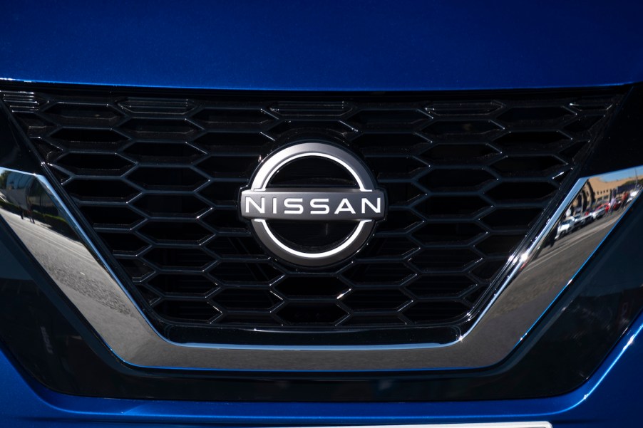 The Nissan badge is seen at the Automobile Barcelona show. Nissan 2023 sales are improving over 2022.