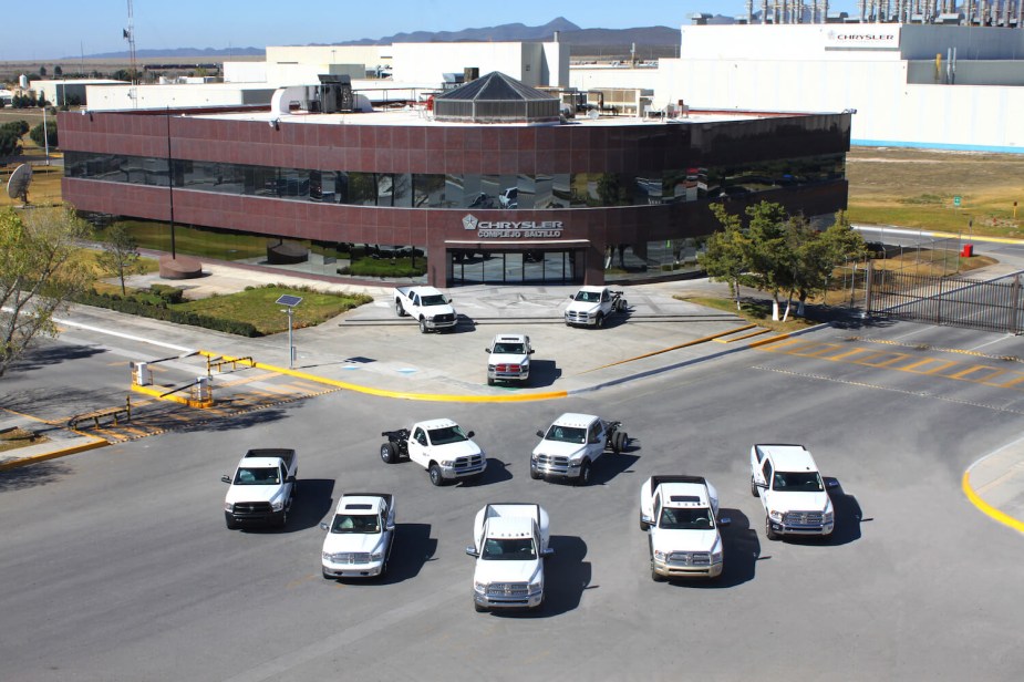 Birds-eye view of heavy-duty Ram pickup trucks parked in front of the Saltillo Mexico assembly plant.