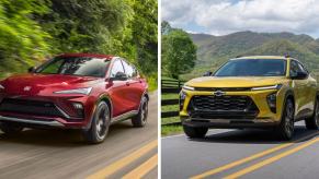 A 2024 Buick Envista ST in Cinnabar Metallic (L) and 2024 Chevy Trax Activ in Nitro Yellow (R) subcompact SUVs