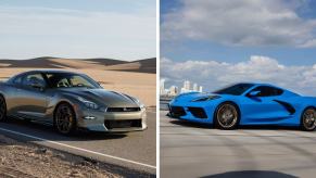 The 2024 model years of the Nissan GT-R T-Spec (L) and Chevrolet Corvette Stingray (R) performance sports cars