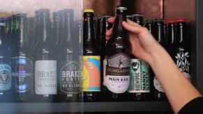 A fridge stocked full of non-alcoholic beers in The Virgin Mary Bar in Dublin, Ireland