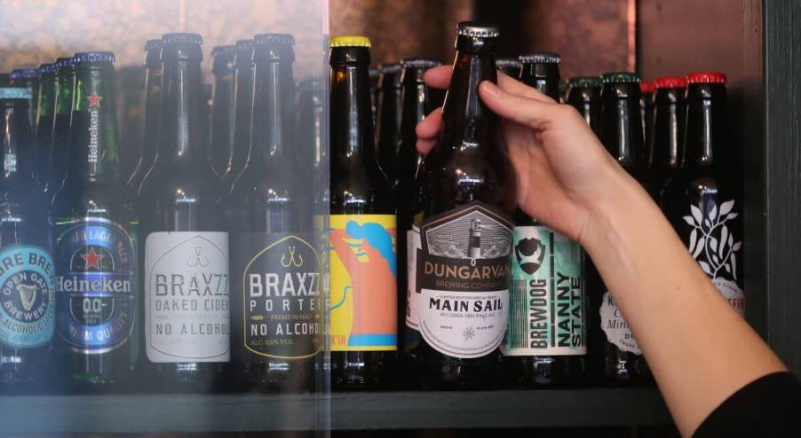 A fridge stocked full of non-alcoholic beers in The Virgin Mary Bar in Dublin, Ireland