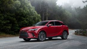 A 2024 Lexus RX 350h midsize luxury SUV model parked on a forest road covered in fog