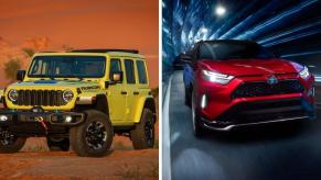 The 2024 Jeep Wrangler 4xe Rubicon X (L) and 2023 Toyota RAV4 Prime XSE (R) plug-in hybrid SUV models