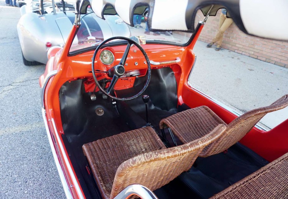 The wicker interior of a 1959 Fiat 500 "Jolly" beach car built by Ghia