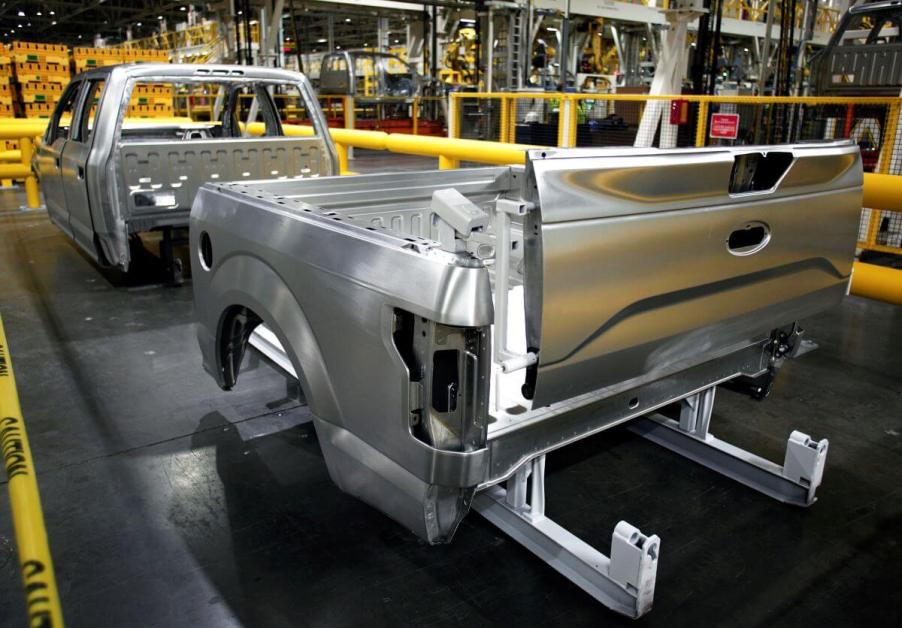 The aluminum body of a 2015 Ford F-150 full-size pickup being assembled at the Dearborn Truck Plant in Michigan