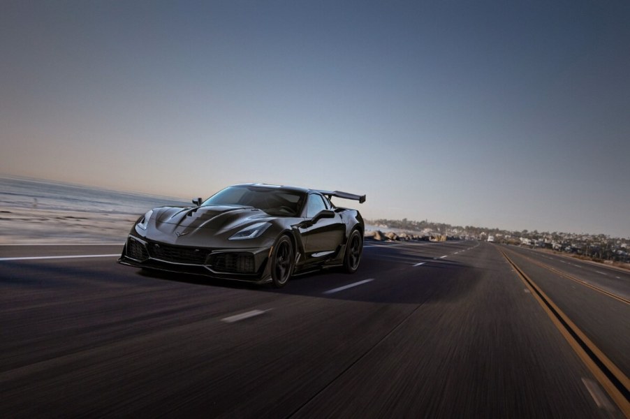 A gray C7 Corvette ZR1 blasts across the desert.