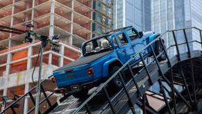 A 2023 Jeep Gladiator Mojave 4xe truck on a test track during the 2022 New York International Auto Show (NYIAS)