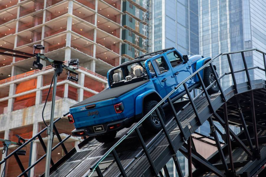 A 2023 Jeep Gladiator Mojave 4xe truck on a test track during the 2022 New York International Auto Show (NYIAS)