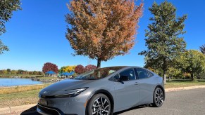 A front corner view of the 2023 Toyota Prius Prime next to a tree