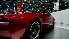 Red front fender and grille of Dodge's 2024 Charger concept EV which may be identical to the gas version.