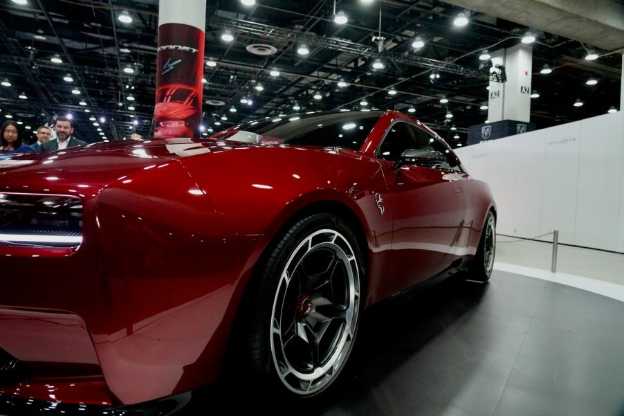 Red front fender and grille of Dodge's 2024 Charger concept EV which may be identical to the gas version.