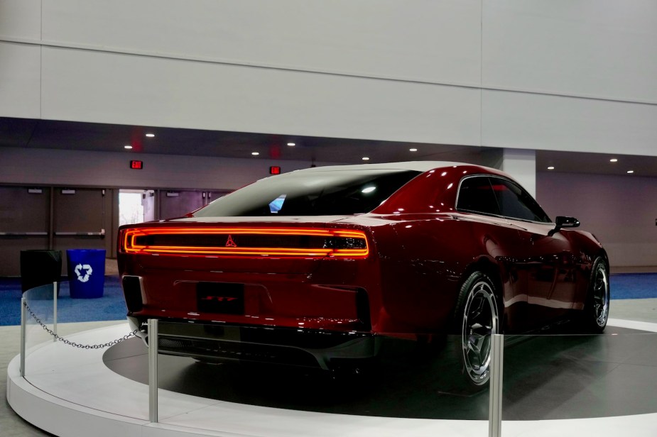 The rear of Dodge's 2024 Charger concept car which may be both gas and electric.