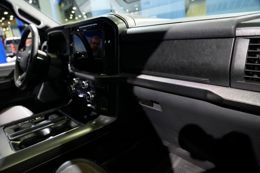 The leather interior of a premium Ford F-150 Tremor trim.